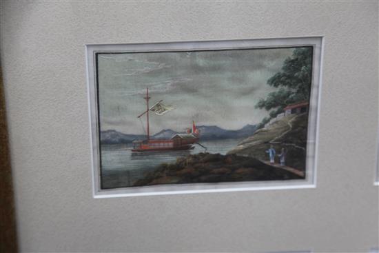 A set of twelve 19th century Chinese gouache on pith paper paintings, 9 x 14cm, framed as two